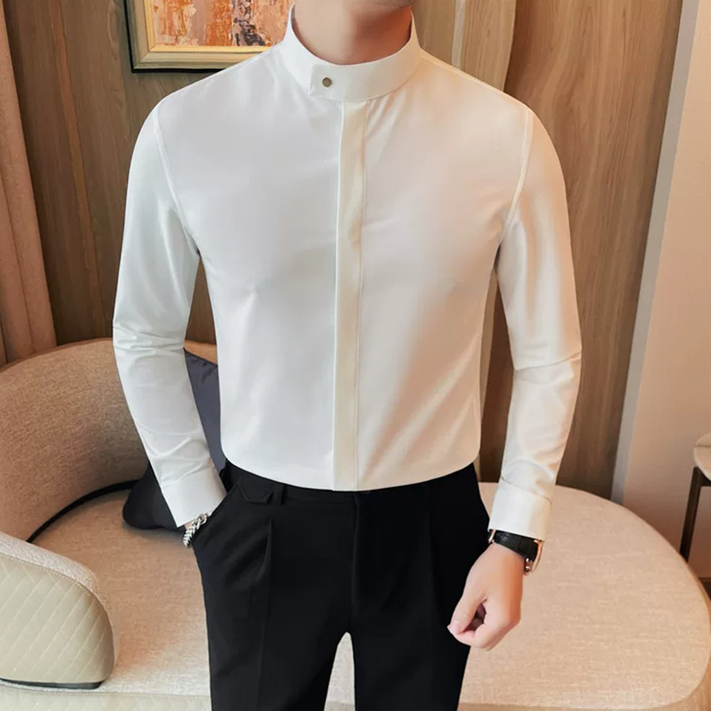 设计感暗扣白色男士衬衫英伦修身商务休闲长袖立领衬衣免烫上衣