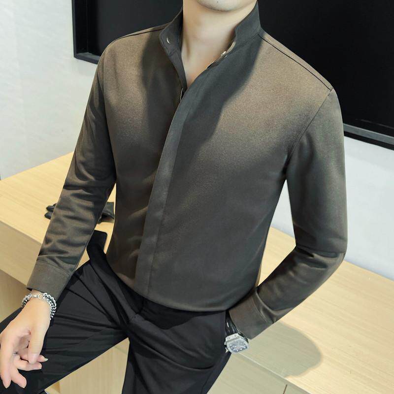 时尚加厚呢子面料拉链门襟衬衫冬季潮流修身男士长袖衬衣打底衣服