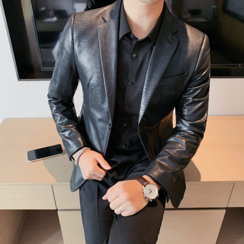 质感痞帅PU皮男士小西装韩版修身青年小伙休闲皮衣时尚西服外套