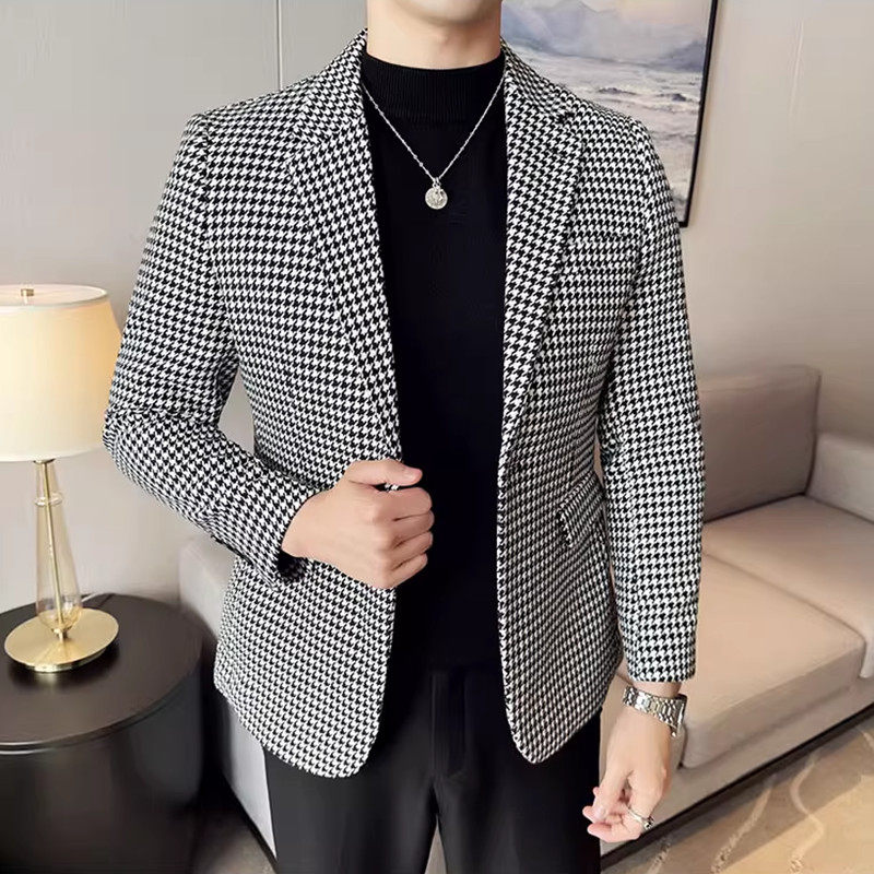 秋冬季英伦修身男士休闲西装帅气千鸟格质感西服外套轻奢时尚礼服