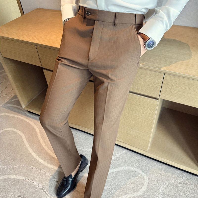 高级感松紧腰男士商务西裤秋冬装帅气修身条纹休闲裤潮流百搭裤子
