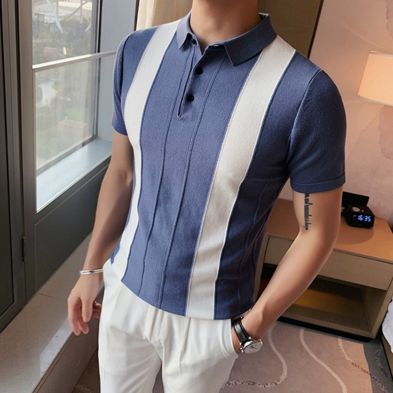 夏季条纹弹力半袖针织T恤韩版修身帅气男士翻领短袖polo衫保罗衫