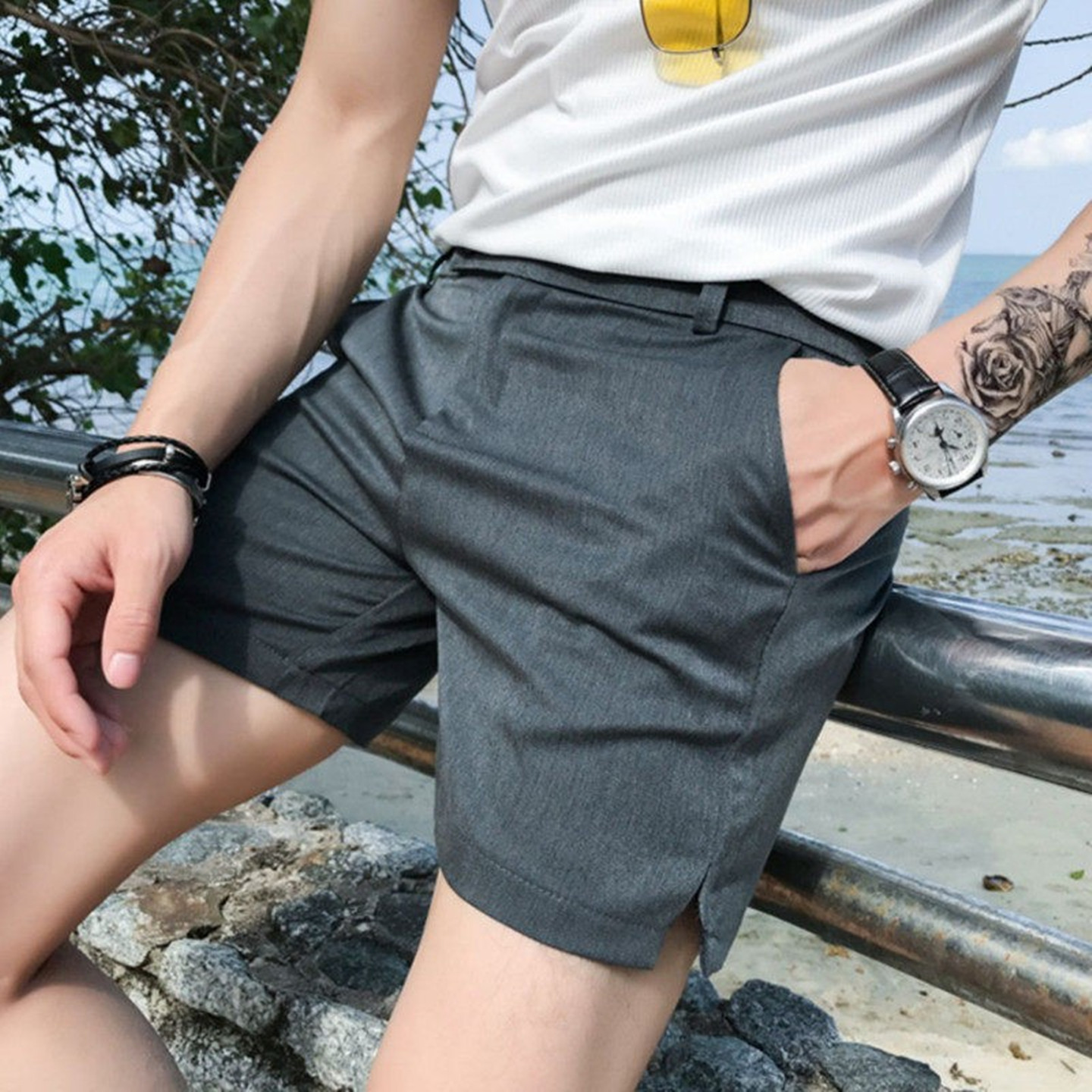 夏季新款纯色男士短裤修身侧开衩三分裤青少年时尚休闲裤直筒裤子