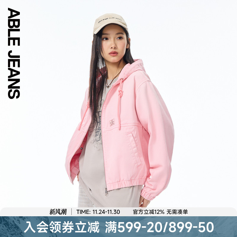 ABLE JEANS 春秋款女士潮流粉色宽松连帽夹克休闲运动牛仔外套