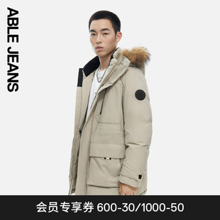 ABLE JEANS 冬季男士中长羽绒服极寒高充绒保暖连帽毛领工装外套