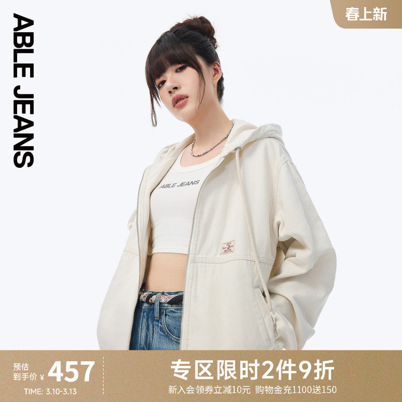 ABLE JEANS 女士春秋款白色宽松连帽工装夹克休闲运动开衫外套