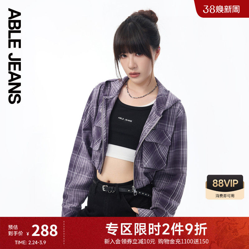 ABLE JEANS 新款女士格纹连帽机能短衬衫长袖休闲紫色