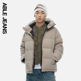 ABLE JEANS冬季新款男士连帽羽绒服加厚高充绒鸭绒保暖咖色外套