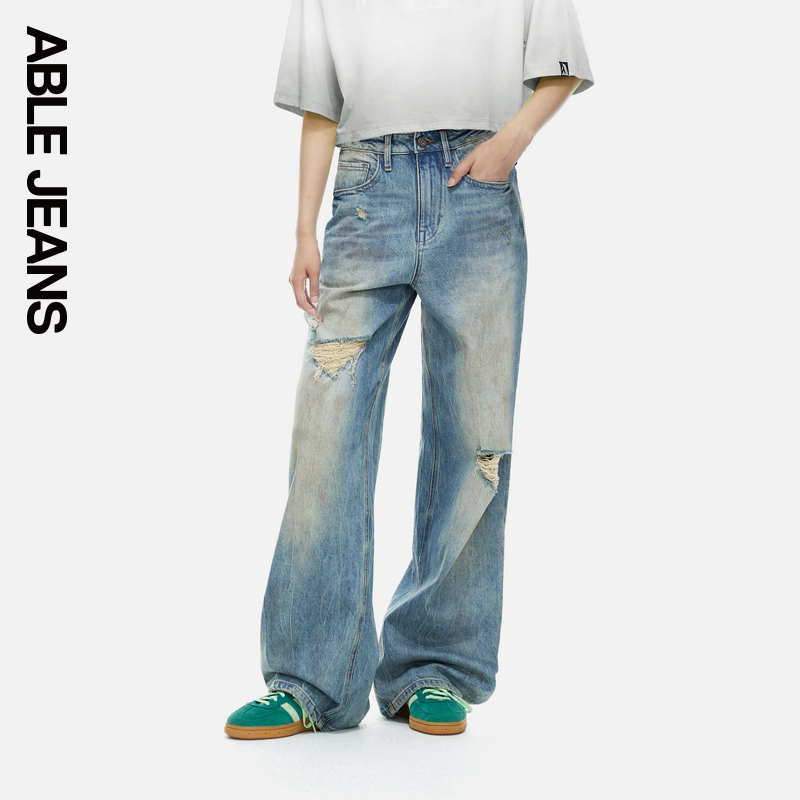 ABLE JEANS【拖地裤】新款女士复古脏洗破洞拖地裤