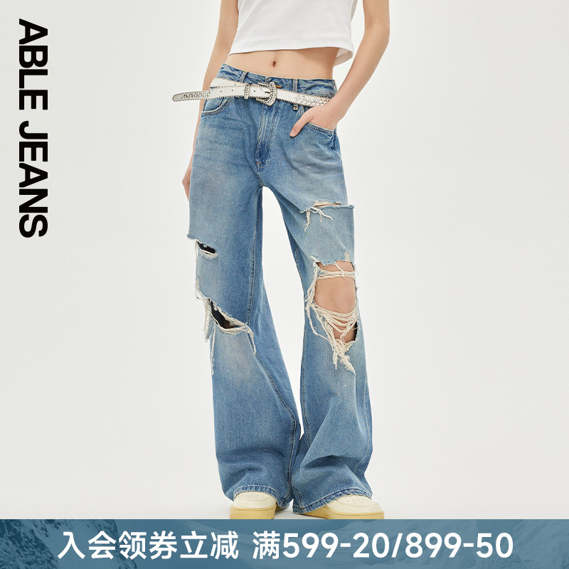 ABLEJEANS破洞宽松直筒拖地裤