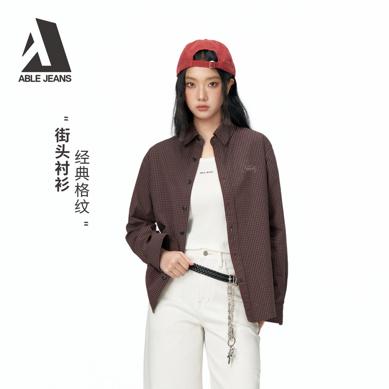 ABLE JEANS26夏季新款女士石英咖啡色衬衫长袖经典格纹复古潮流