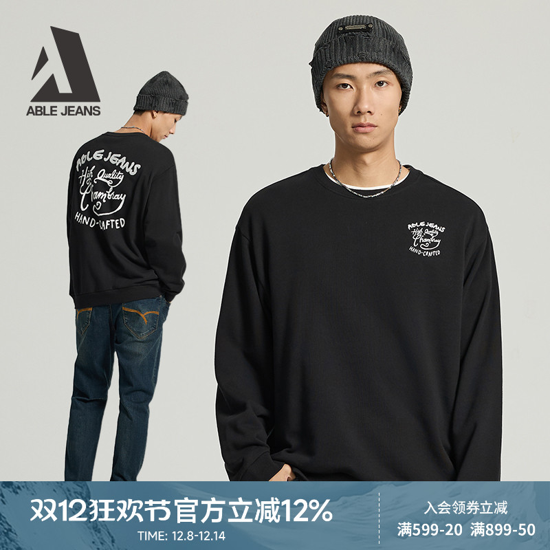 ABLE JEANS 春秋新款男士美式复古字母印花宽松落肩套头圆领卫衣