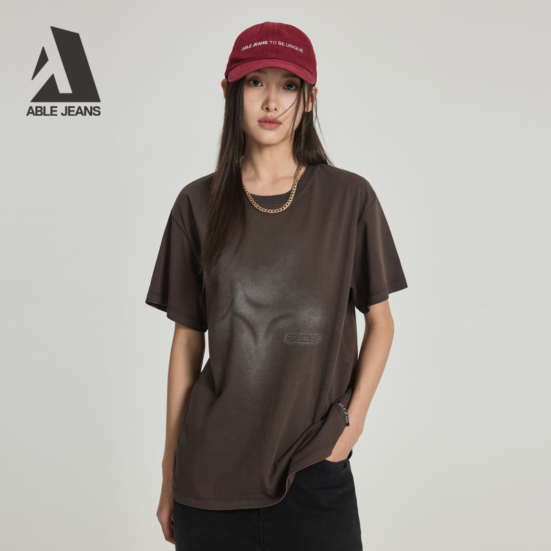 ABLE JEANS 春夏新款女士洗水印花短袖T恤美式宽松复古亲肤透气