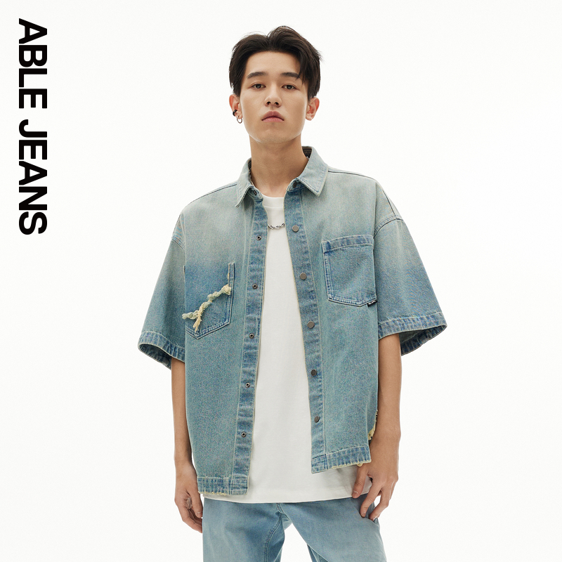 ABLE JEANS 夏季新款男士水洗做旧复古宽松牛仔衬衫男840011