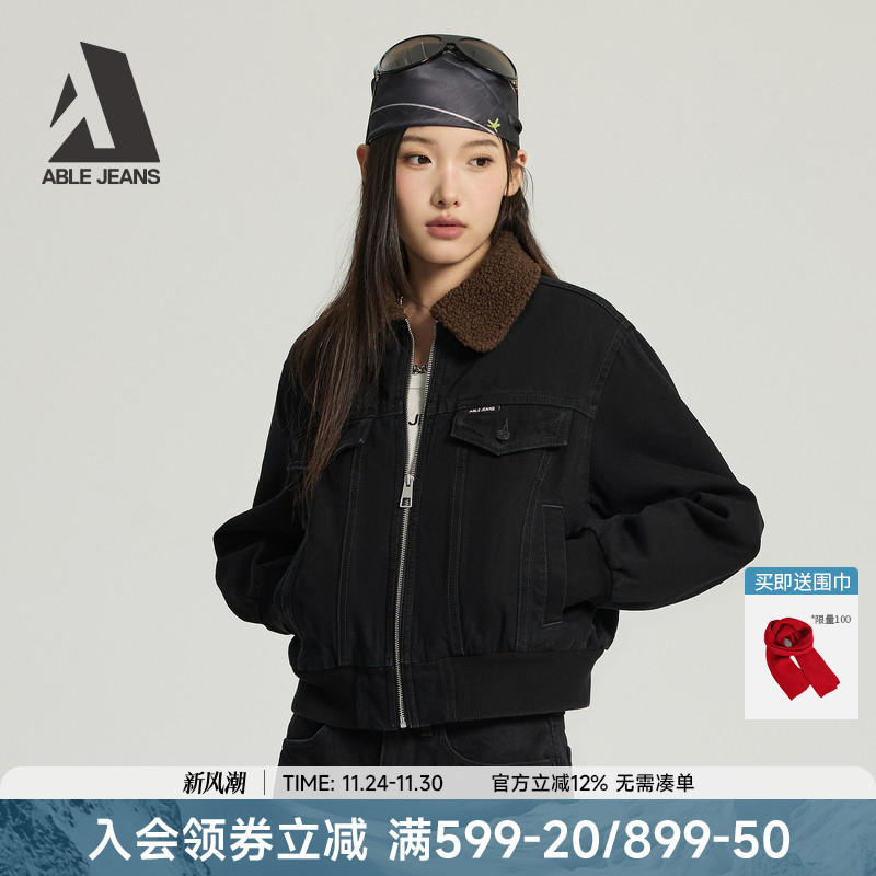 ABLE JEANS 2025冬季新款女士宽松短款棉服保暖仿羊羔绒牛仔外套