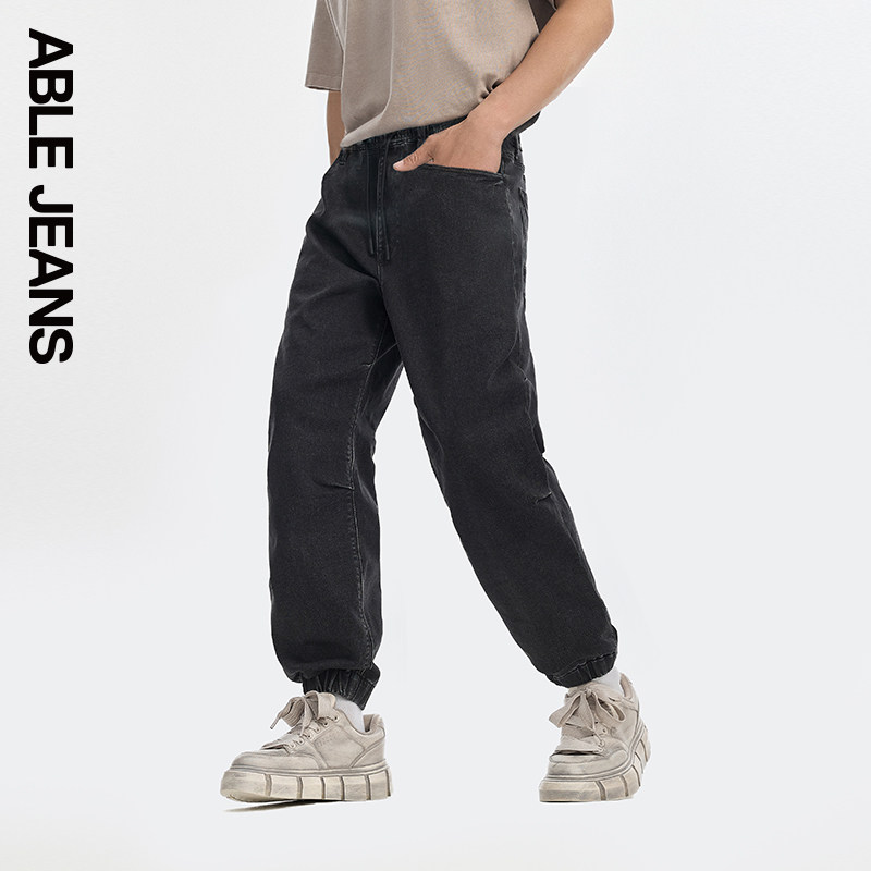 ABLE JEANS收口束脚牛仔裤直筒男款松紧腰工装黑色长裤