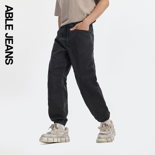 ABLE JEANS收口束脚牛仔裤直筒男款松紧腰工装黑色长裤