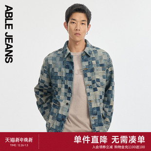 男士 ABLE 新款 秋季 迷彩棋盘格纹提花水洗牛仔夹克外套 JEANS