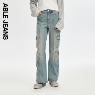 ABLE JEANS【直筒喇叭裤】新款女士工装高腰微喇叭牛仔裤宽松显瘦