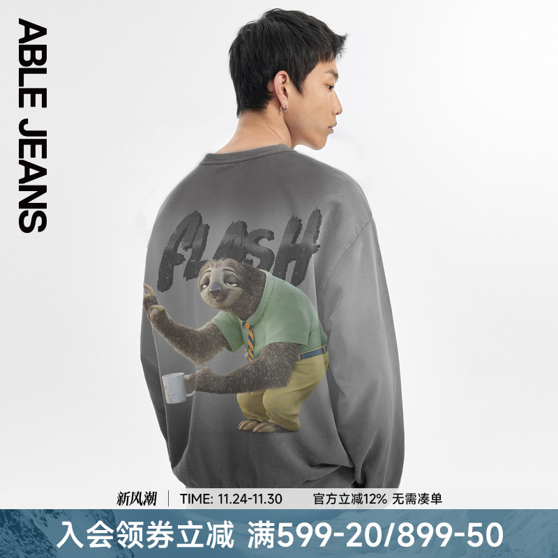 ABLE JEANS 男士春秋款潮流后背动物印花纯棉宽松套头圆领卫衣