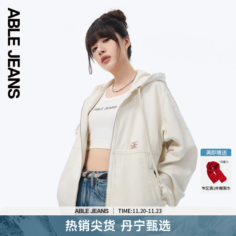 ABLE JEANS 女士春秋款白色宽松连帽工装夹克休闲运动开衫外套