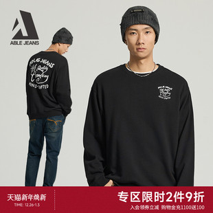 美式 ABLE 男士 春秋新款 复古字母印花宽松落肩套头圆领卫衣 JEANS