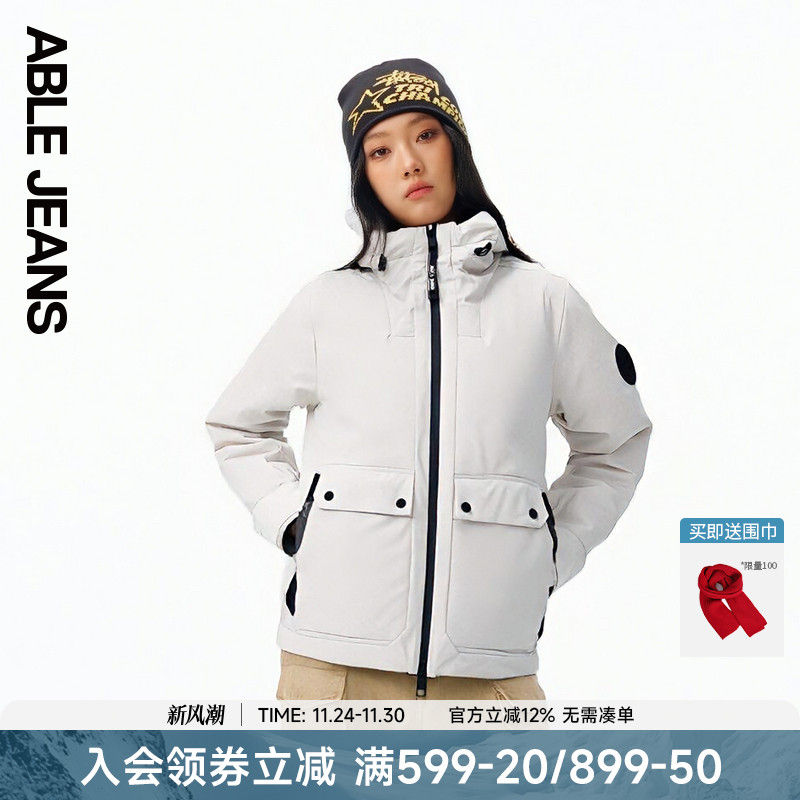 ABLE JEANS冬季新款女士经典宽松工装机能风连帽羽绒服外套772051