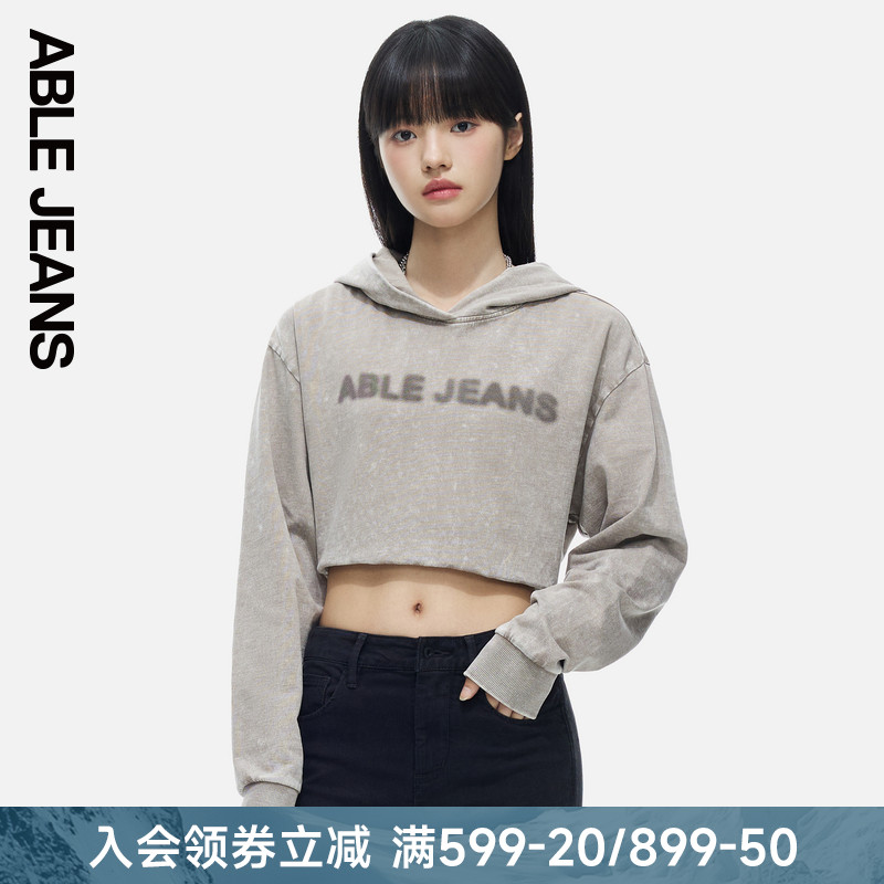 ABLE JEANS春秋款女士工装潮流前卫印花短款水洗宽松连帽卫衣