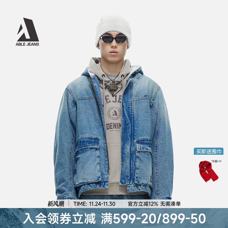 ABLE JEANS 冬季新款男士厚款防寒工装滑板连帽牛仔棉服棉衣外套