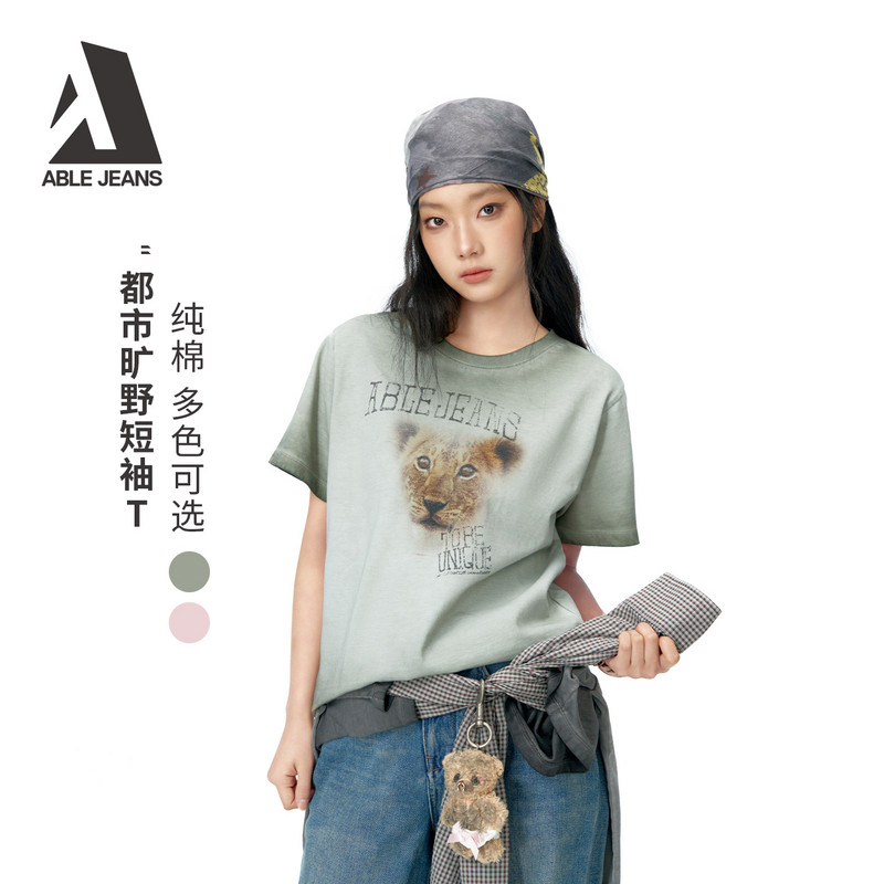 ABLE JEANS26夏季新款女士都市旷野短袖T恤卡通印花宽松街头风