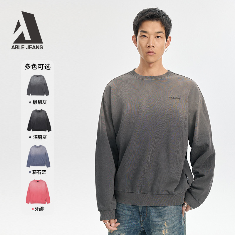 ABLE JEANS 洗水宽松慵懒风 男女款圆领无帽卫衣时尚叠穿情侣款