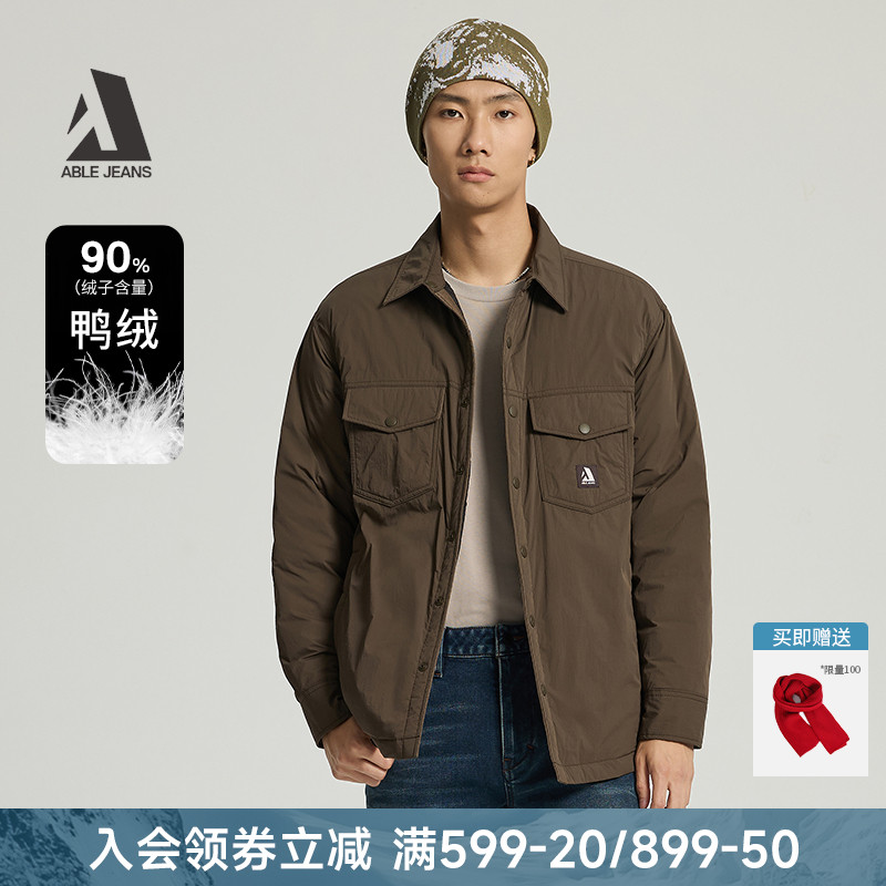 ABLE JEANS 2025冬季新款男士宽松保暖工装衬衫外套轻薄羽绒服