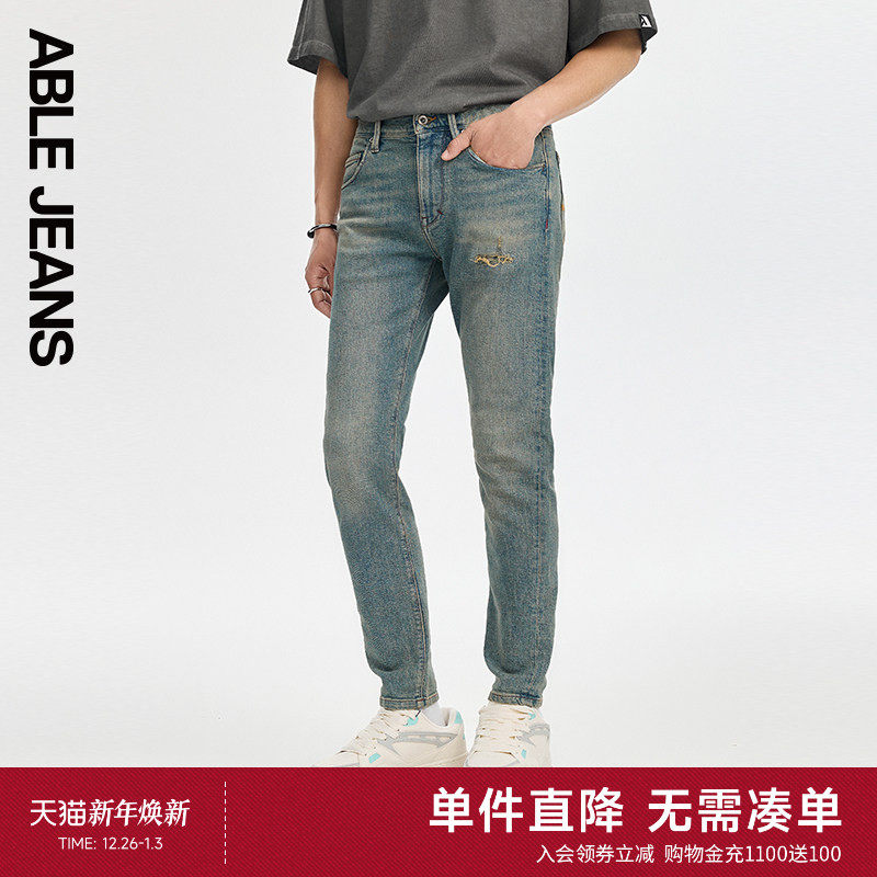 ABLE JEANS【修身裤】新款男士经典水洗破洞修身弹力小脚牛