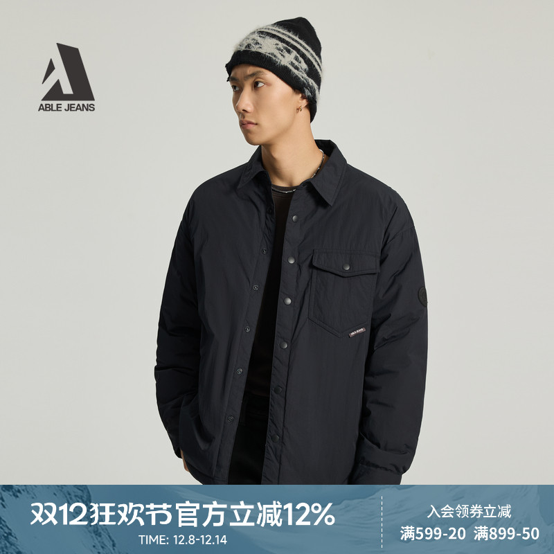 ABLE JEANS冬季新款男士轻薄羽绒服短款衬衫式保暖防寒夹克外套