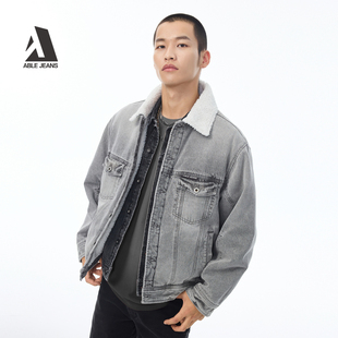 ABLE JEANS冬季新款男士防寒保暖工装牛仔外套仿羊羔绒棉衣棉服