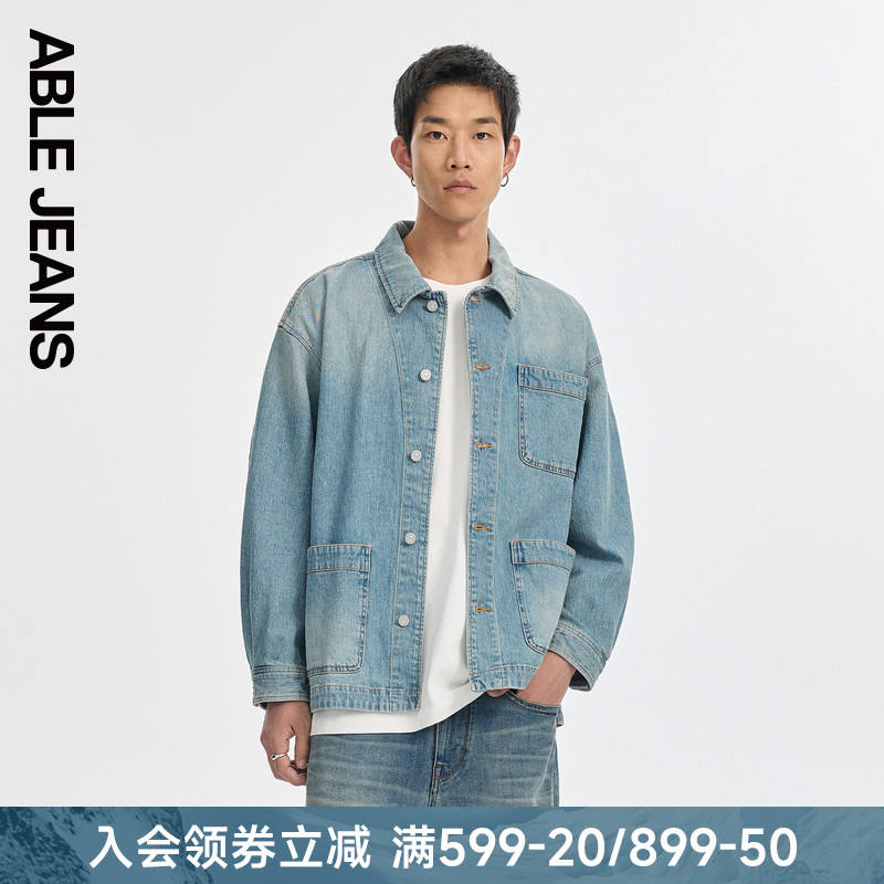 ABLE JEANS 春秋新款男士复古水洗工装牛仔夹克休闲衬衫外套