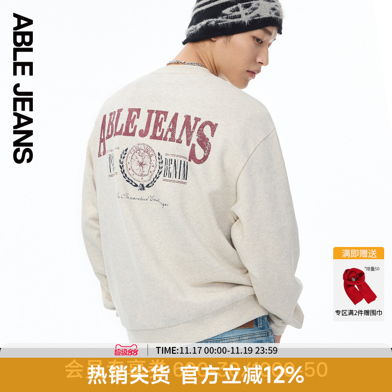 ABLE JEANS 植物学院系列男士美式复古圆领重磅卫衣