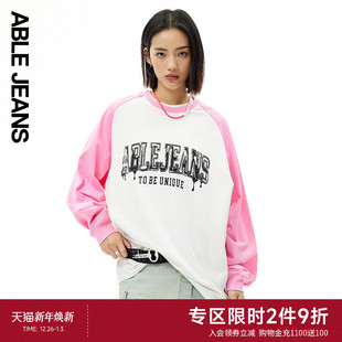 JEANS新款 T恤薄款 女士拼接插肩袖 长袖 字母宽松美式 ABLE