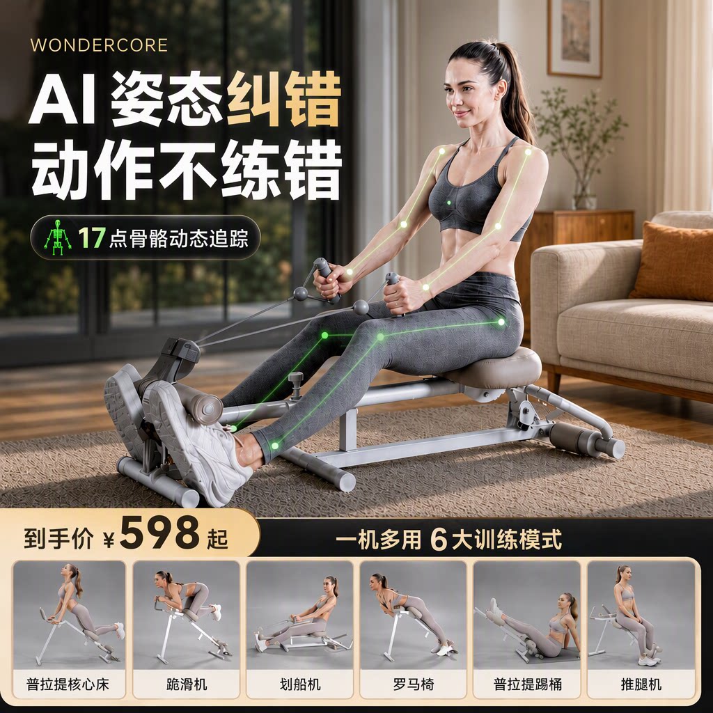 万达康六合一多功能划船机家用健身运动器材可折叠瘦肚子减肥神器