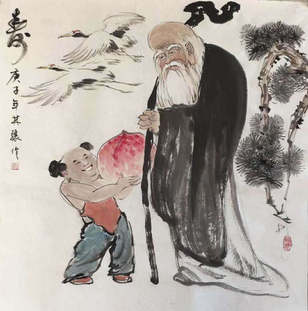 九牧墨轩字画国画人物画纯手绘名家真迹寿星祝寿图美协寿桃装饰画