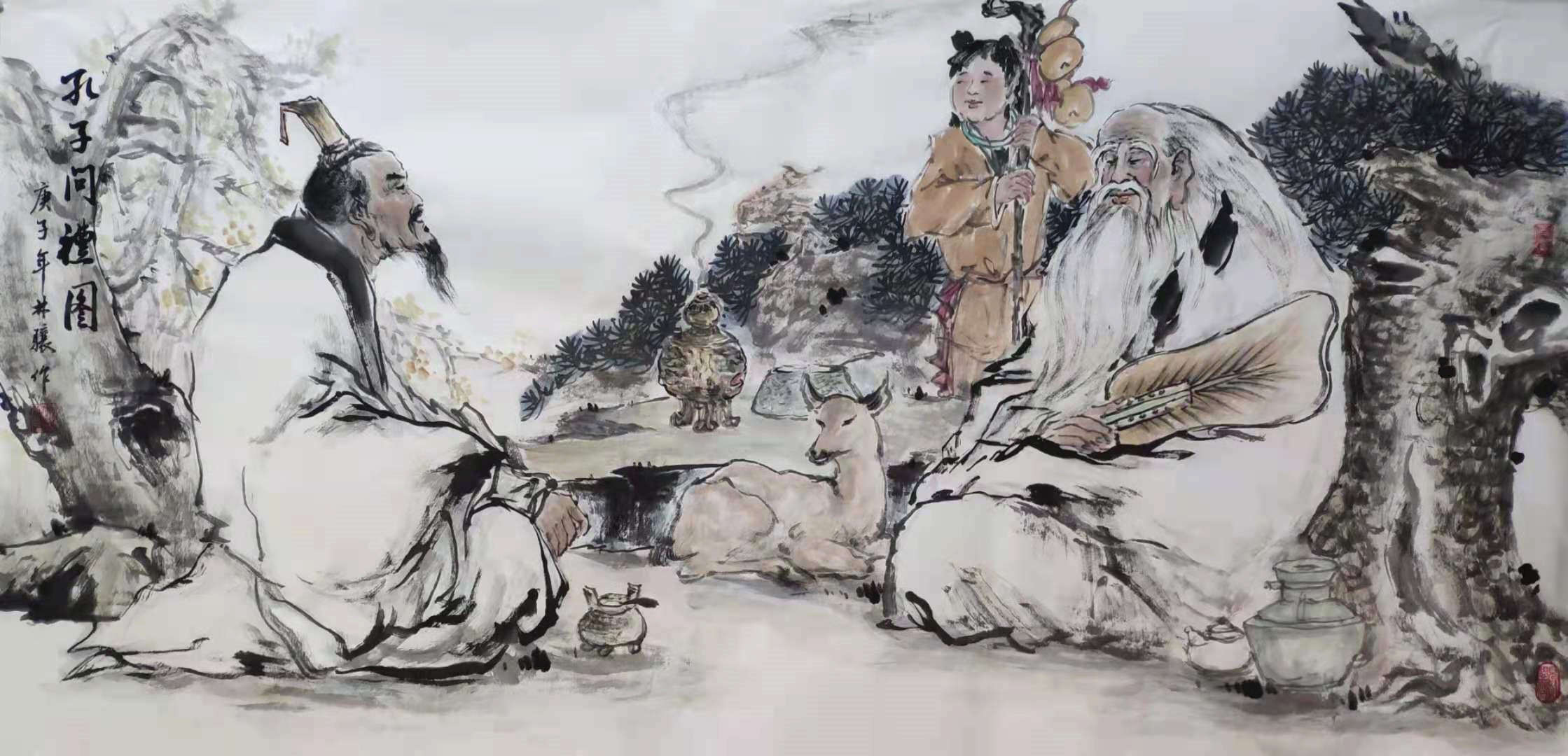 九牧墨轩字画国画人物画宣纸名家真迹孔子像行教问礼图纯手绘挂画