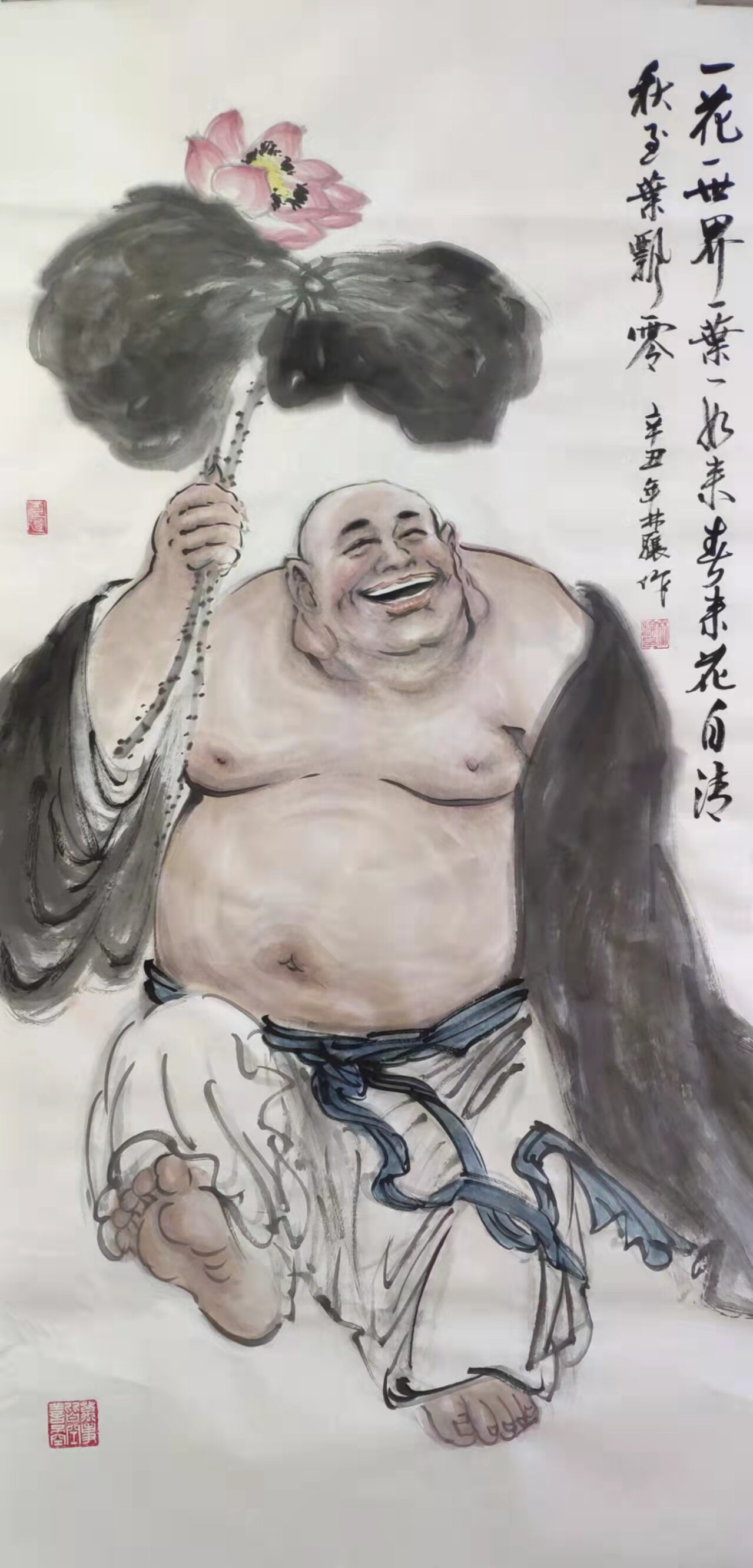 九牧墨轩字画国弥勒佛人物画四尺纯手绘装饰画开心佛笑口常开挂画