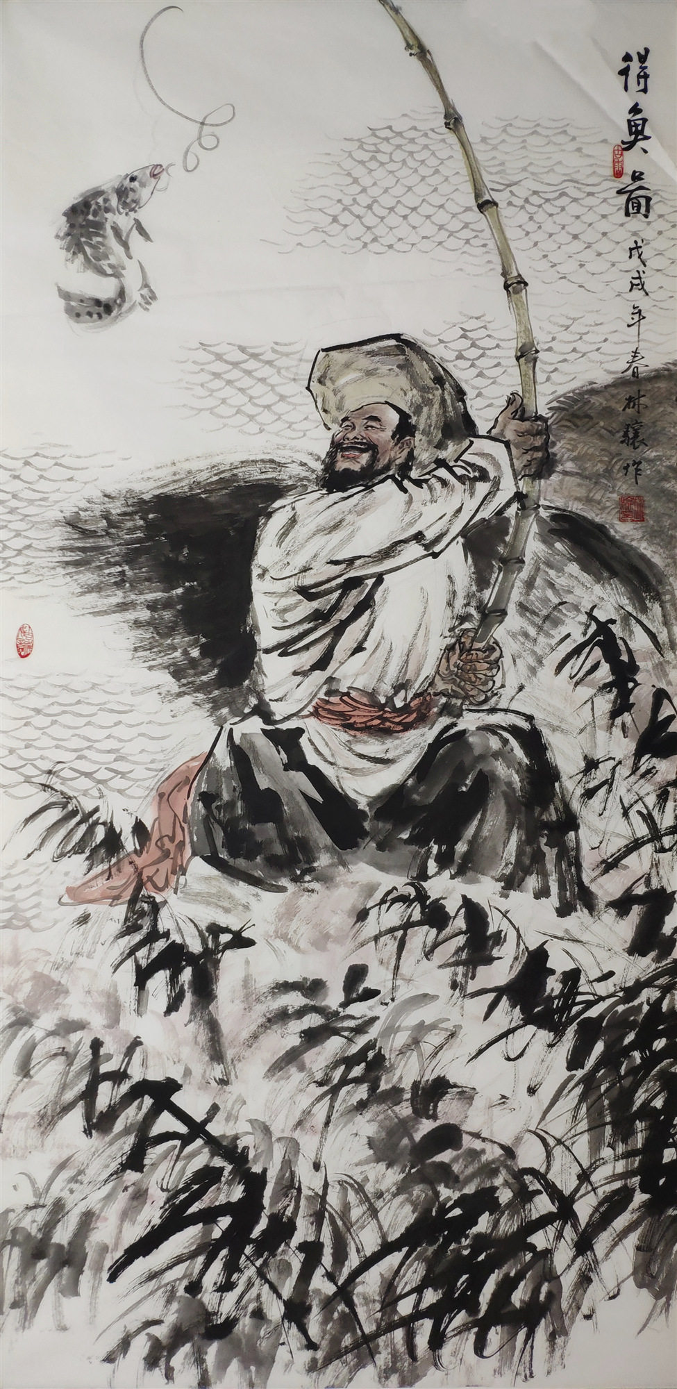 九牧墨轩字画国画人物画四尺竖幅纯手绘名家真迹年年有余图渔翁图