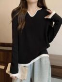 针织衫 正肩长袖 T恤女秋冬设计感大码 法式 胖妹妹V领黑色毛衣打底衫