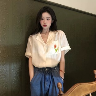 大码胖妹妹夏日郁金香刺绣雪纺短袖衬衫女夏天薄款复古设计感上衣