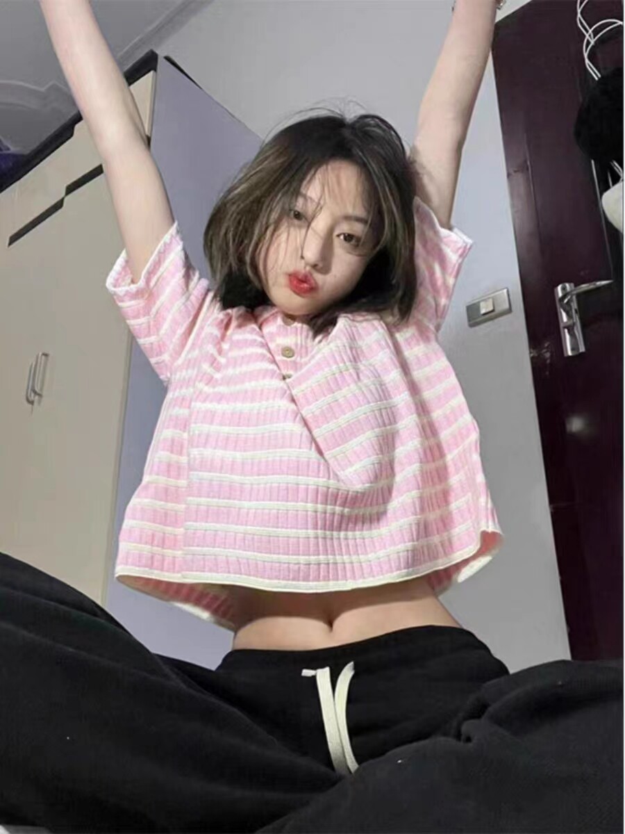 大码胖妹妹正肩上衣bm甜美polo领ins条纹小香风针织短袖T恤女夏,女装/女士精品,毛针织衫,淘宝优惠券,粉丝福利购,淘宝优惠卷