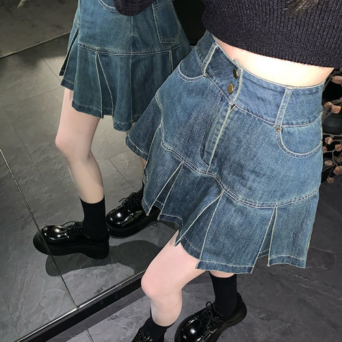复古牛仔半身裙女夏a字百褶短裙