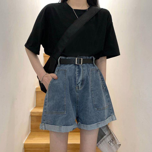 夏季2026新款大码胖mm百搭宽松直筒阔腿热裤卷边牛仔短裤女潮ins