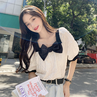 衬衣 大码 胖妹妹显瘦蝴蝶结方领衬衫 女春夏新款 设计感小众洋气短袖