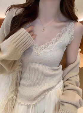 蕾丝吊带背心女春夏季新款大码内搭法式别致小上衣v领针织打底衫
